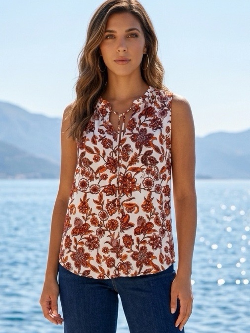 LOFT Floral Paisley Sleeveless Blouse Split Tie Neck White Orange Sz S